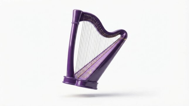 Elegant purple orchestral harp with gold detailing isolated on a white background