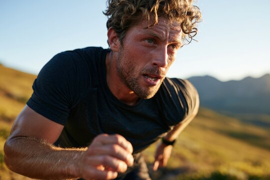 Male endurance runner climbing uphill trail with determination