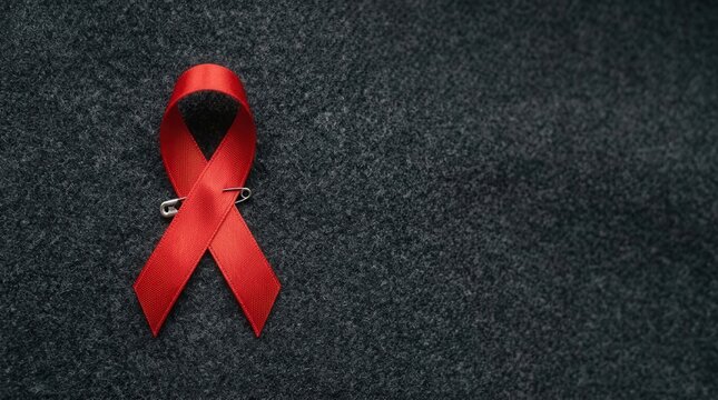 Red Ribbon Awareness Symbol With Safety Pin On Textured Background