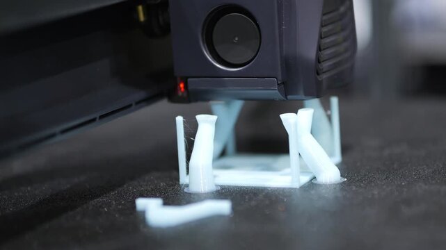 3D printer extrudes white filament. Object forms slowly on dark surface. Printer head moves precisely. Plastic strands solidify layer by layer