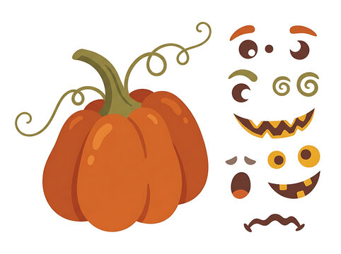 Halloween Pumpkin Vector Asset Sheet Featuring Multiple Cartoon Face Parts for DIY Jack O Lantern Creation and Seasonal Crafting Projects