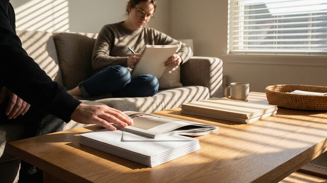 Hidden Household Expenses Under a Magazine in a Living Room Scene