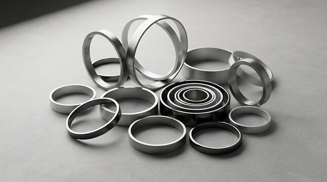 Collection of various sized metallic rings and circles on a neutral matte grey surface
