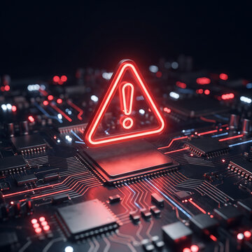 Glowing red neon warning triangle sign hovering over a computer microchip on a dark futuristic circuit board symbolizing cybersecurity threat
