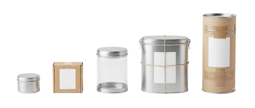Assorted metal cans and paper packaging containers isolated on white background with tin cans cardboard boxes white background