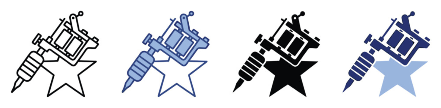 Tattoo machine icon set with star symbol in various styles including outline solid and duotone vector