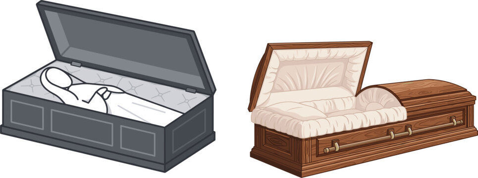 Open Coffin and Casket Collection with Interior Linings Isolated on White Background for Funeral, Burial and Halloween Design Concepts