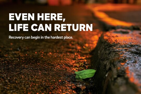 Green leaf on wet urban sidewalk at night with inspirational text