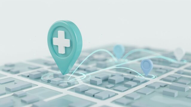 A prominent 3D medical map pin with a white cross sits on a digital city map with connecting lines. This illustrates accessible healthcare services and hospital location search.