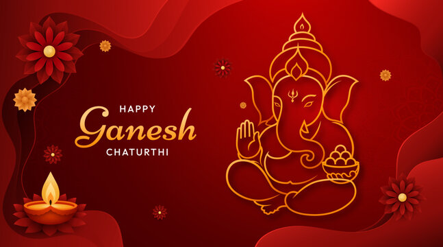 Elegant Happy Ganesh Chaturthi Background with Golden Lord Ganesha Line Art and Diya Lamp