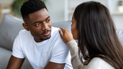 Obraz premium Couple having a serious conversation at home while the woman touches the man’s shoulder, perfect for relationship support and communication concepts