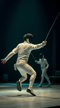 Fencer evades counterattack with foil in dynamic motion