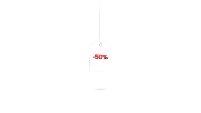 Minimalist 3D Hanging Sale Tag Featuring Bold Red Fifty Percent Off Discount Typography Against a Clean Solid White Background