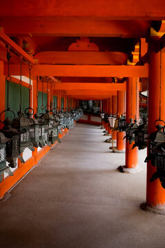 Lanterns in a Japanese temple in Nara, Japan.