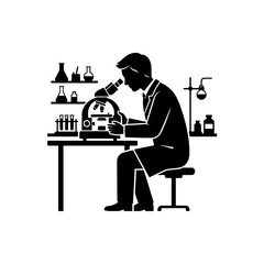 Fototapeta premium Scientist looking through microscope in laboratory vector illustration