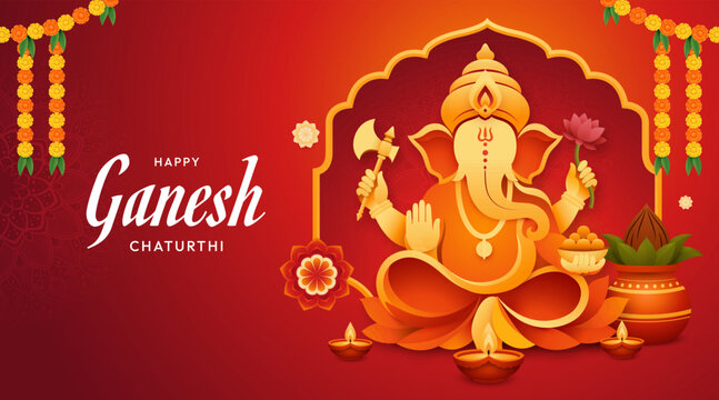 Happy Ganesh Chaturthi Background with Lord Ganesha, Lotus Flower, Diya Lamps and Traditional 