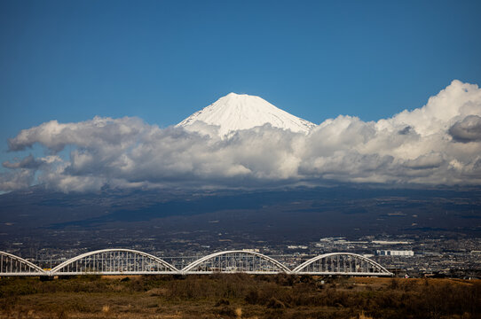 View of Mount Fuji from the shinkansen bullet train in Japan.