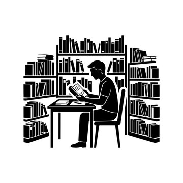 Student Reading Book in Library Silhouette Vector Illustration