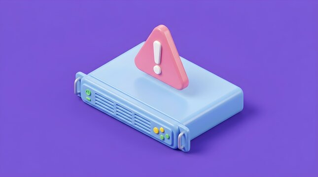 3d illustration of a server unit with a warning sign icon representing technical issues or system failure