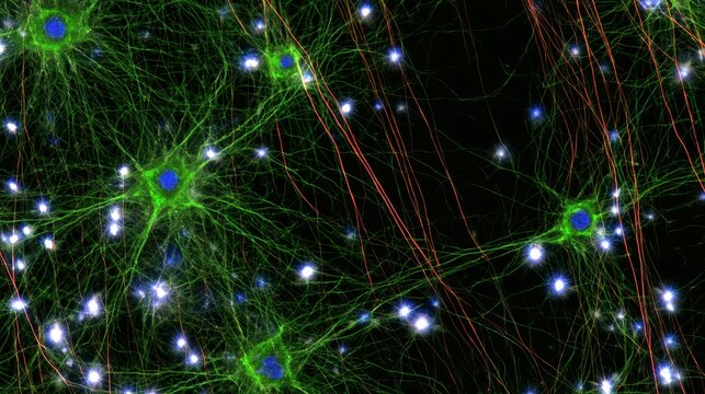 Fluorescence microscopy image of neurons and neural network connections in brain tissue