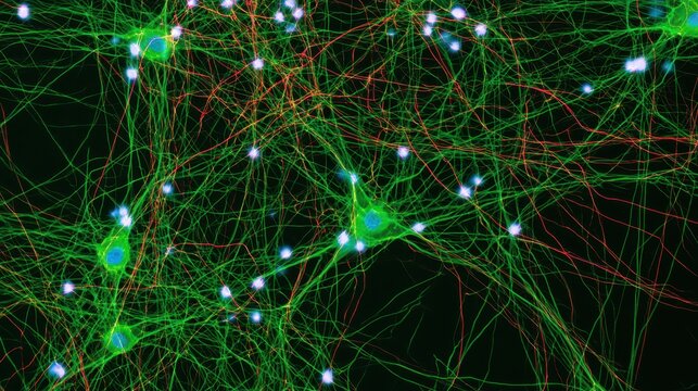 Fluorescence microscopy image of neurons and neural network connections in a brain tissue.