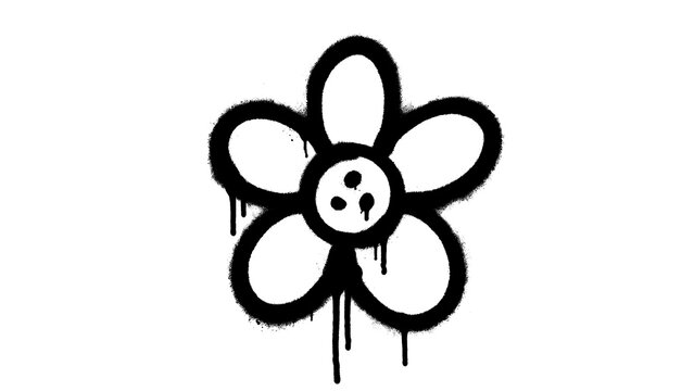 Black Flower Doodle Hand Drawn Graffiti Sketch Floral Icon with Dripping Paint Effect isolated on transparent background