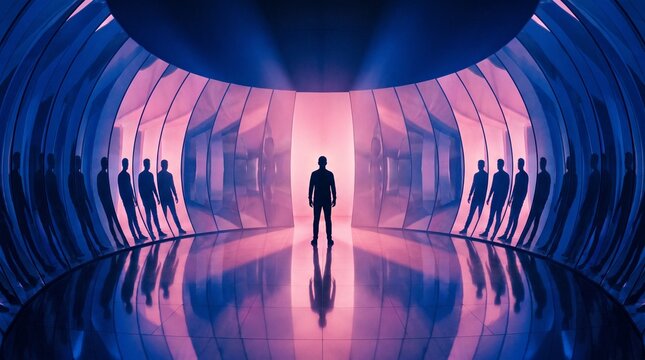 Solitary male silhouette stands centrally amidst repeating infinite reflections created by curved polished metallic panels with vibrant pink and deep blue ambient neon glow lighting effects.
