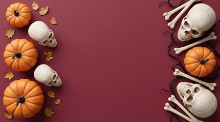 Fototapeta premium Top view of a spooky halloween background featuring human skulls pumpkins and bones arranged on a dark purple surface flat lay