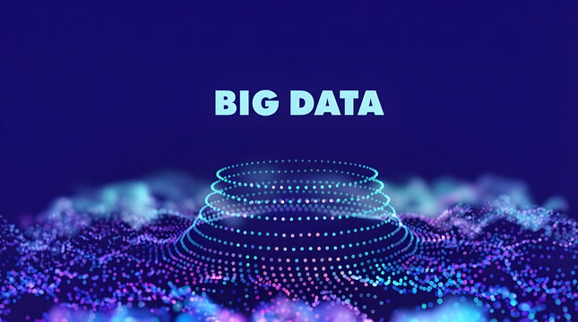 Big data visualization with glowing blue particles. Digital information flow and futuristic network concept. Abstract tech background.