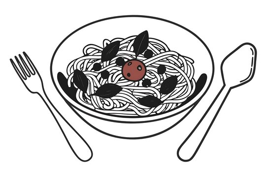 Simple black and white spaghetti with meatball in bowl