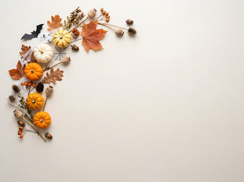Autumn harvest composition of pumpkins, leaves, and acorns, perfect for Halloween or Thanksgiving designs