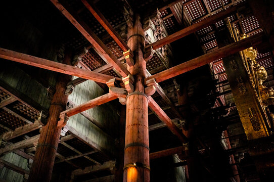 The wooden structure inside a temple in Japan.