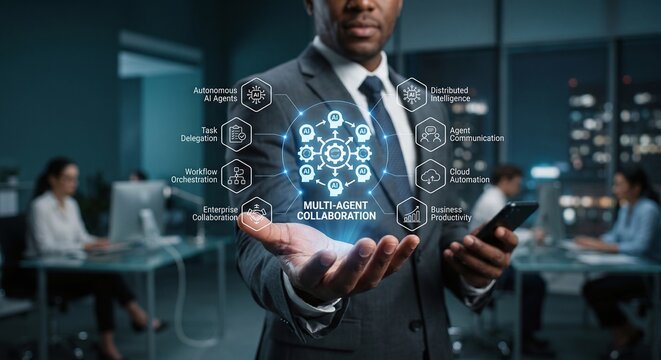 Tech professional holding a holographic multi-agent collaboration and distributed intelligence dashboard.