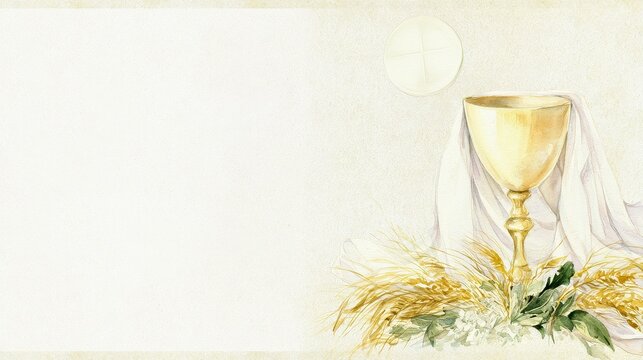 Watercolor painting of a golden chalice and wheat for Christian Eucharist communion service