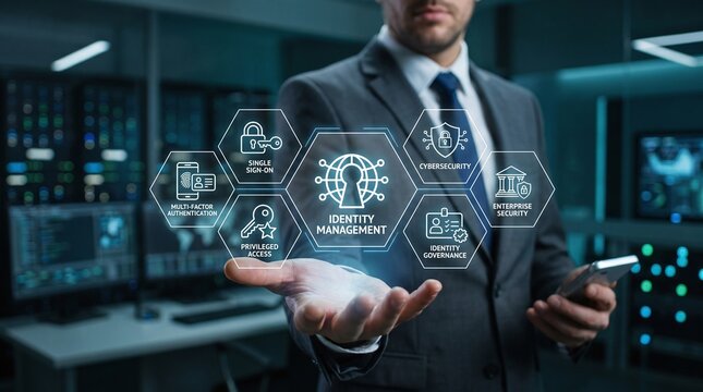 Cybersecurity professional holding a holographic identity management and access control dashboard.