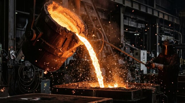 Industrial worker in protective gear pours glowing molten metal from a large crucible into a mold at a steel foundry with inside industrial factory