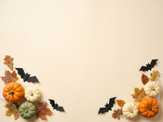Fototapeta premium Halloween holiday background with autumn pumpkins paper bats and fallen leaves flat lay with copy space