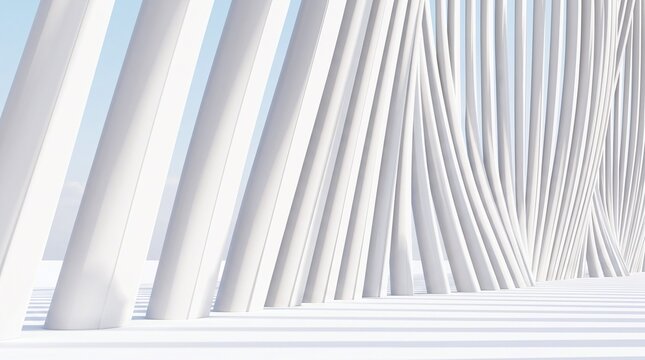 Abstract architectural white columns creating dynamic wavy patterns under bright natural daylight