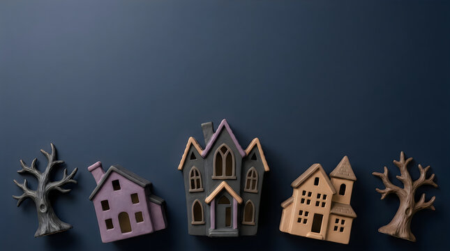 Small model houses and spooky trees arranged for a halloween theme on a dark blue background