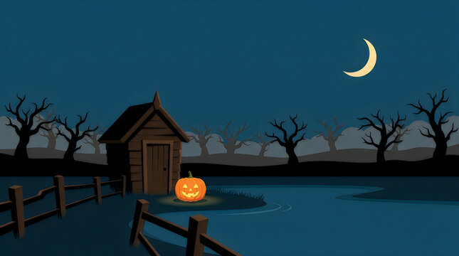 Spooky halloween pumpkin lantern sitting by a small wooden cabin in a dark forest at night