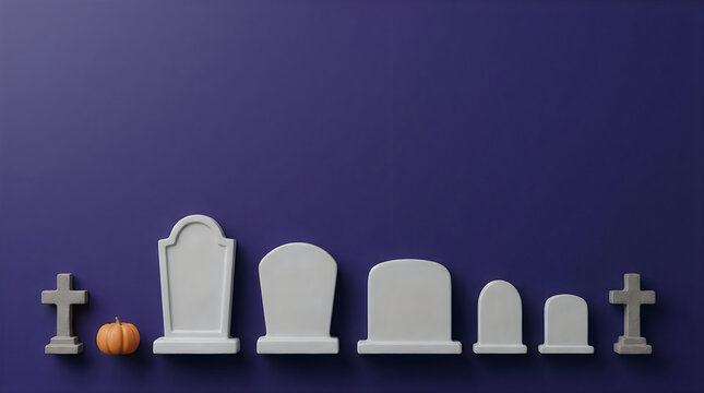 Small gravestones and a tiny pumpkin arranged in a row on a solid dark purple background surface