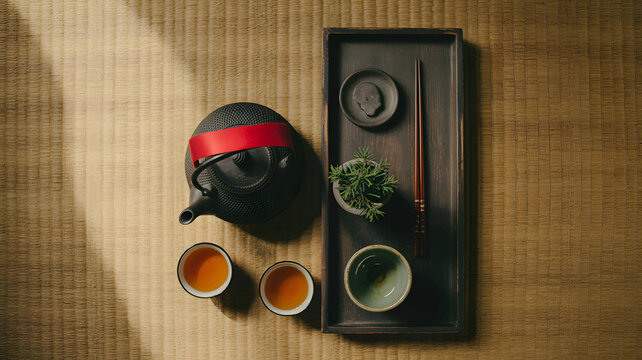 Top view of traditional japanese tea ceremony set with matcha bowls and bamboo whisk on textured mat