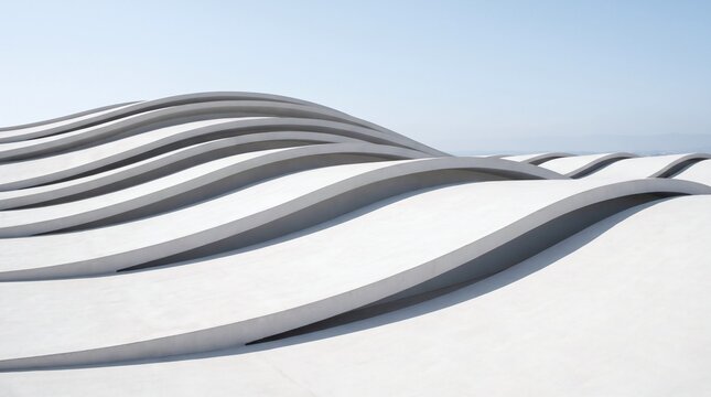 Minimalist white wavy architectural roof structure under clear bright blue sky daytime exterior view