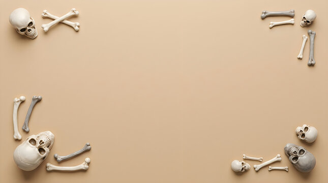 Human skulls and bones arranged as a decorative border on a light brown background