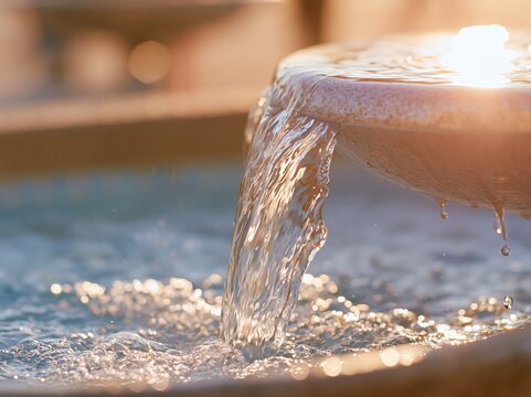 Close up of public drinking fountain with water flowing from the spout into the basin, sunlight reflecting off the water surface creating a shimmering effect