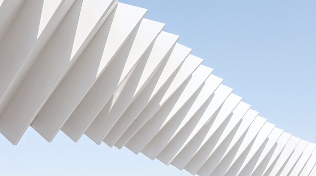 Minimalist white geometric canopy structure against clear blue sky architectural exterior detail