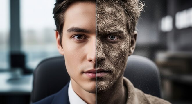 Close Up Split Face Portrait Man Professional Suit Contrasted With Dirty Rugged Appearance Dual Identity