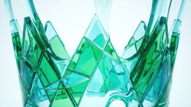 Abstract geometric glass structure with green and blue transparent panels.