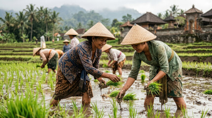 Fototapeta premium Asian Farmers Planting Rice Seedlings in a Lush Green Field.