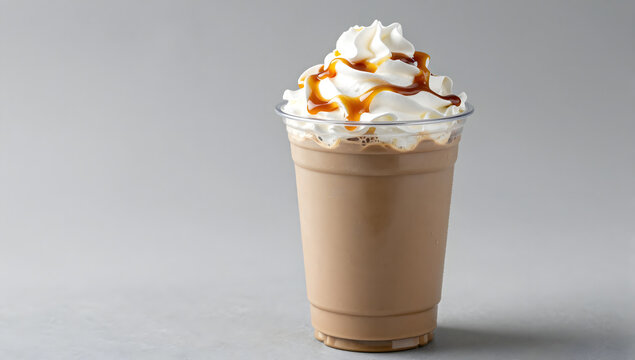 Caramel Frappe Delight: A refreshing caramel frappe, topped with whipped cream and a generous drizzle of caramel sauce, served in a clear plastic cup, perfect for a cool indulgence.